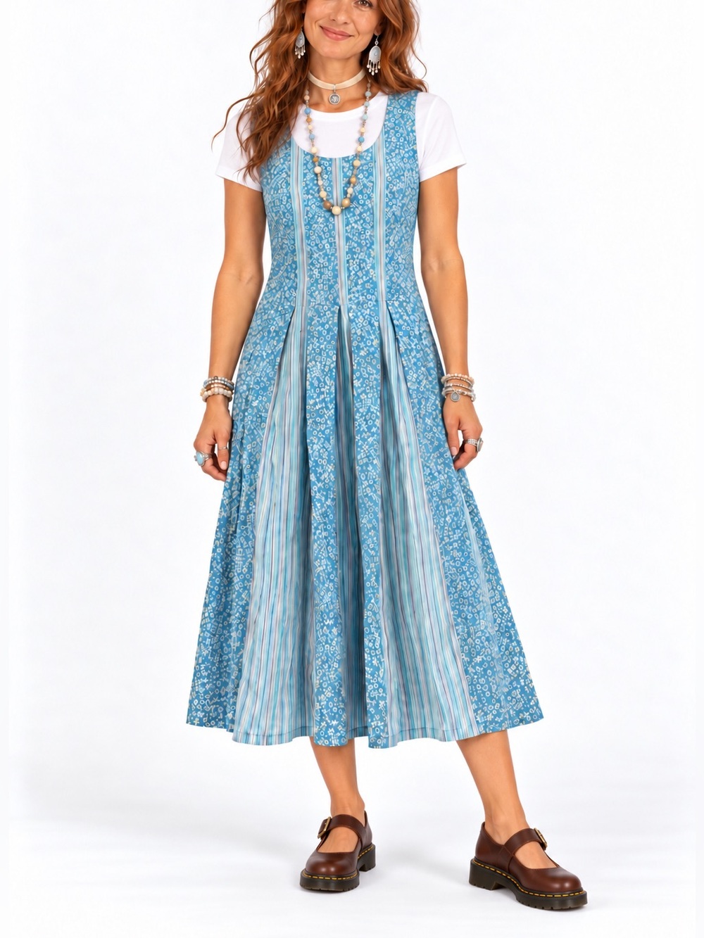 Vintage April Cornell Blue Floral & Striped Cotton Dress — Small